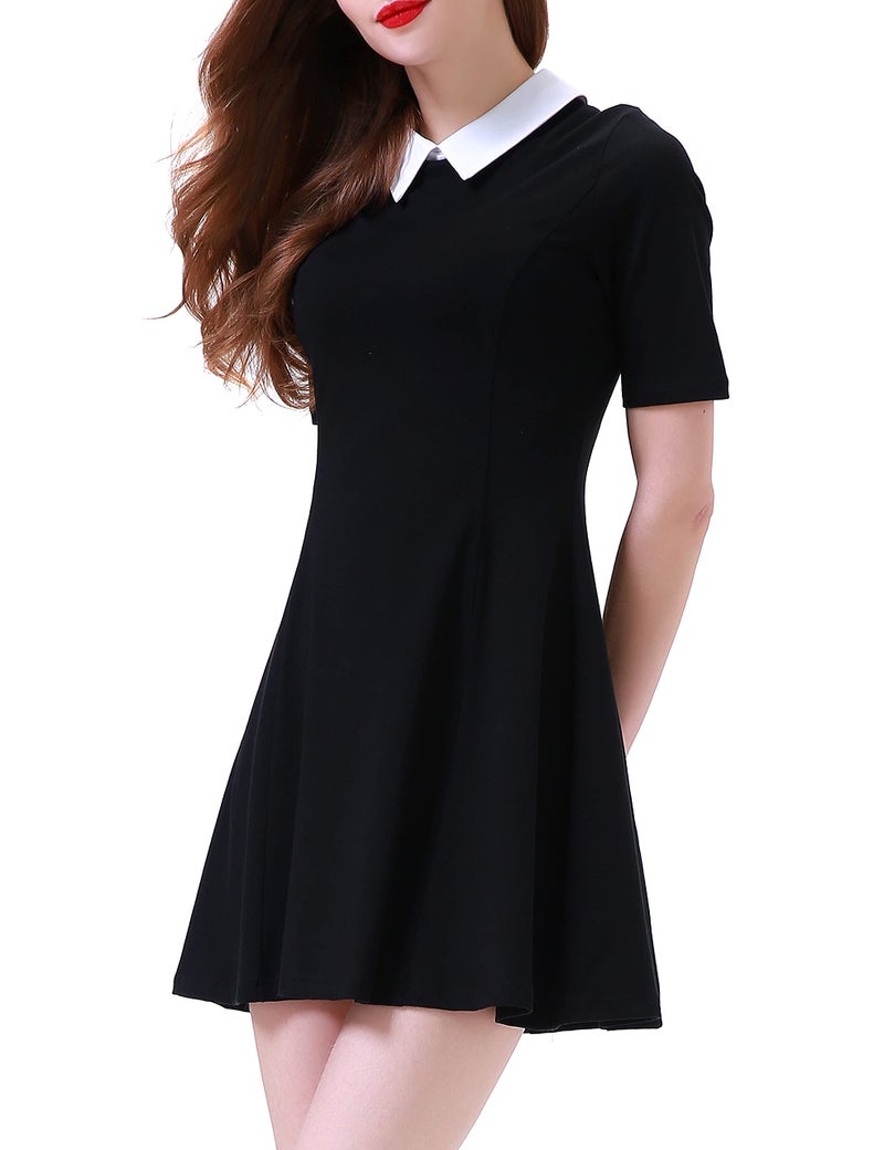 Aphratti Women's Short Sleeve Peter Pan Collar Cute Skater Dress Fit and Flare A-Line Casual Dresses Black Small - Image 1
